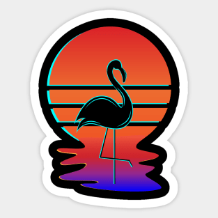 Wading Flamingo Silhouette in front of Retro Glitch Sunset Sticker